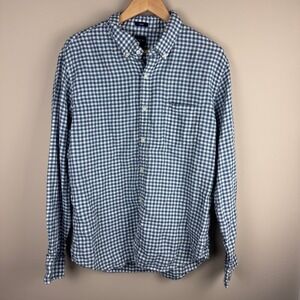 J.Crew XL Slim Fit Long Sleeve Blue Green Gingham Check Button Down Linen Blend‎
